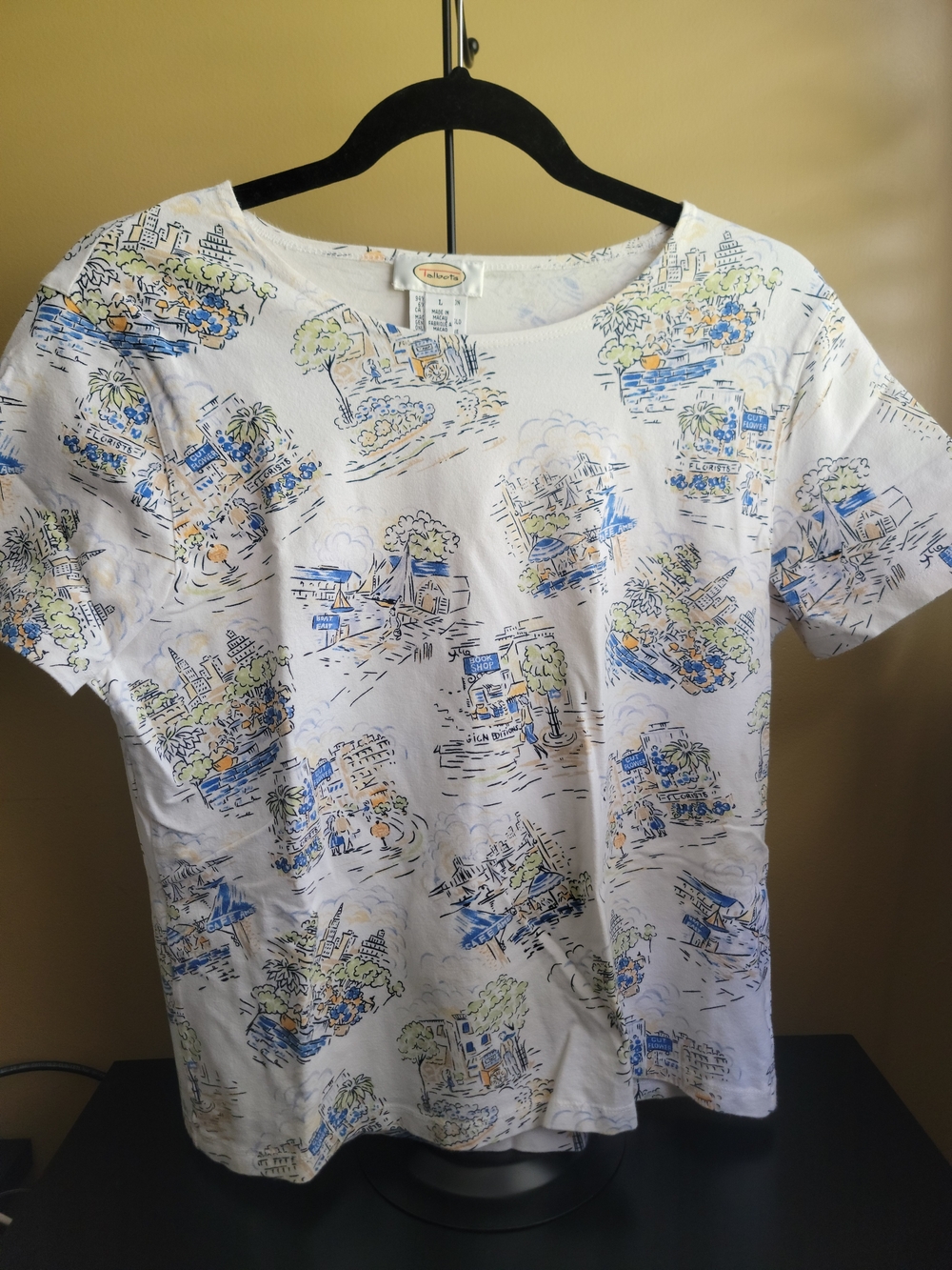 Talbots White Short-Sleeve Tee with Blue and Green Scenic Print